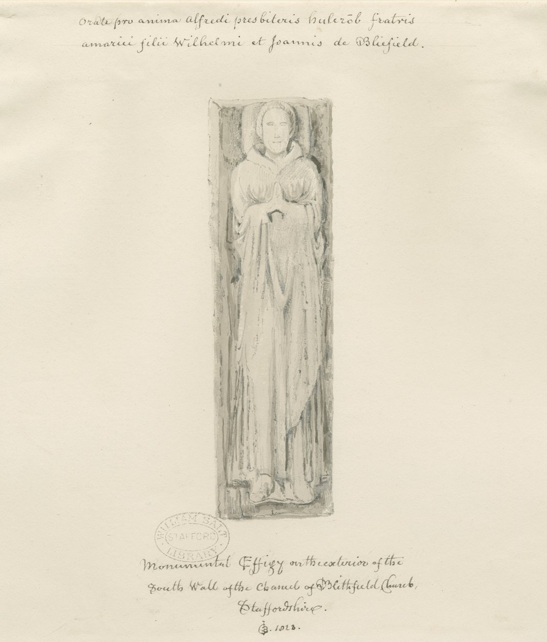 Igreja de Blithfield - efígie monumental: desenho colorido, 1823 de John Buckler