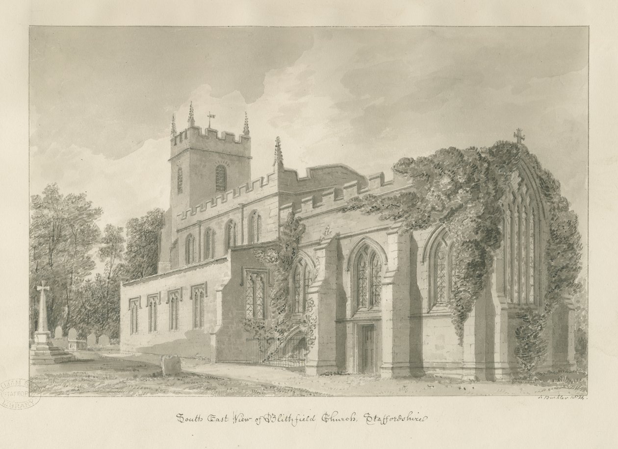 Igreja Blithfield: desenho sépia de John Buckler