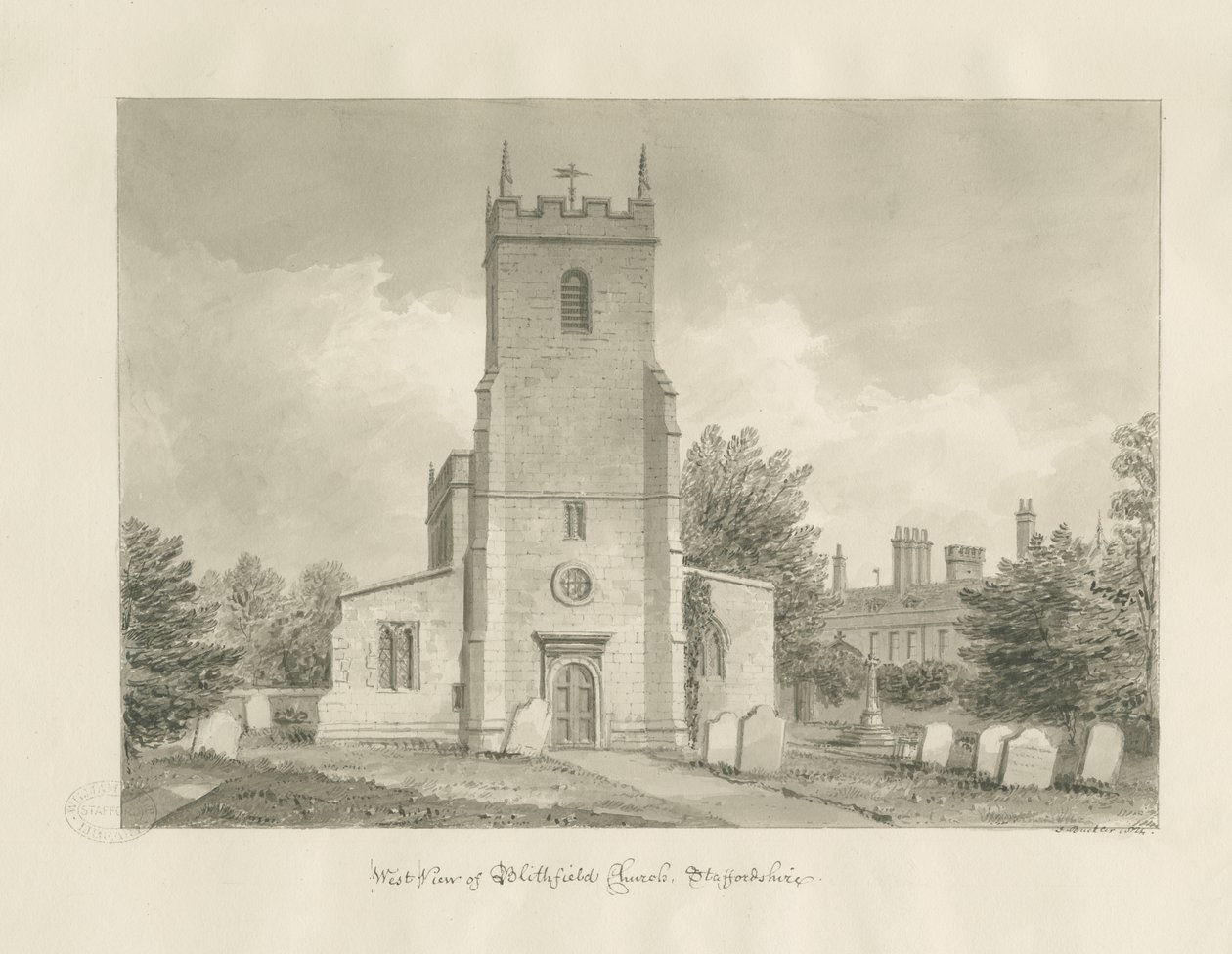 Igreja Blithfield: desenho sépia de John Buckler