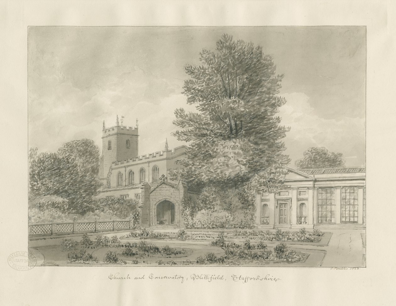 Igreja Blithfield: desenho sépia de John Buckler