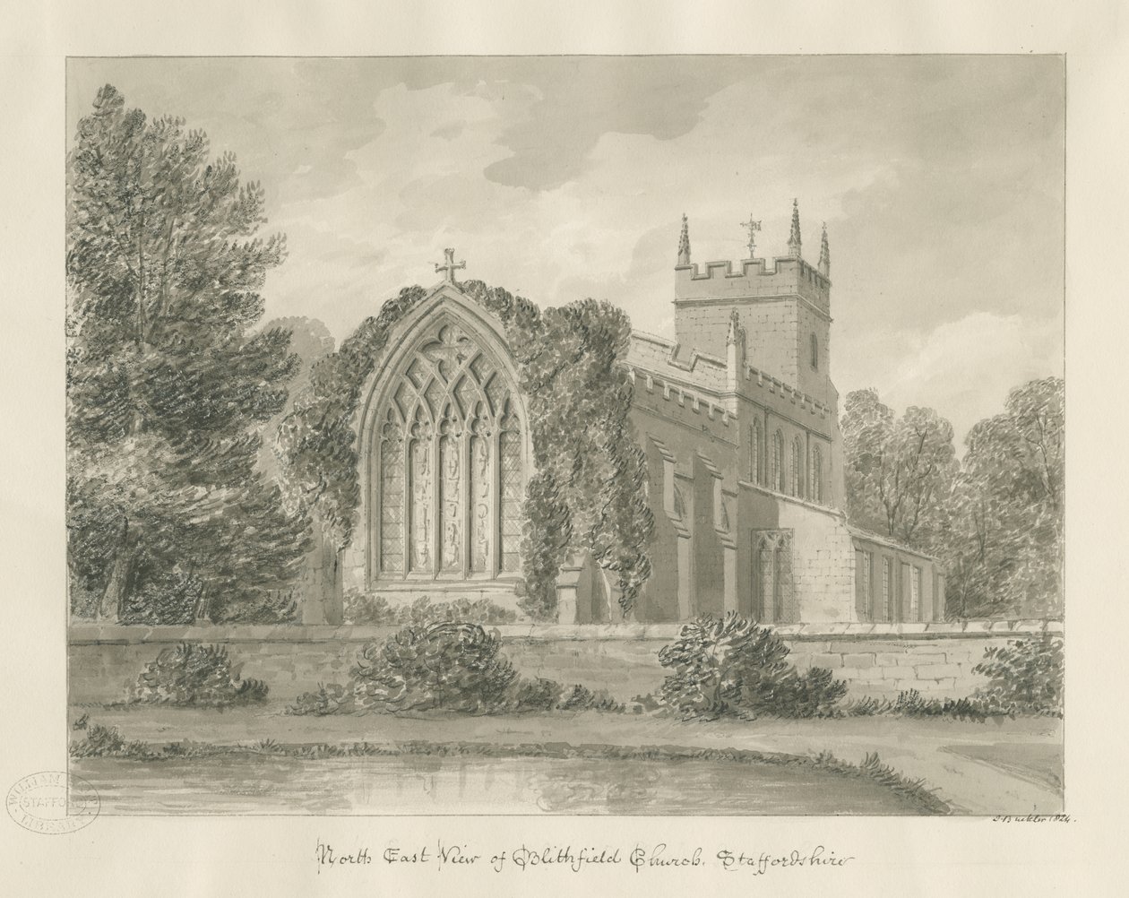 Igreja Blithfield: desenho sépia de John Buckler