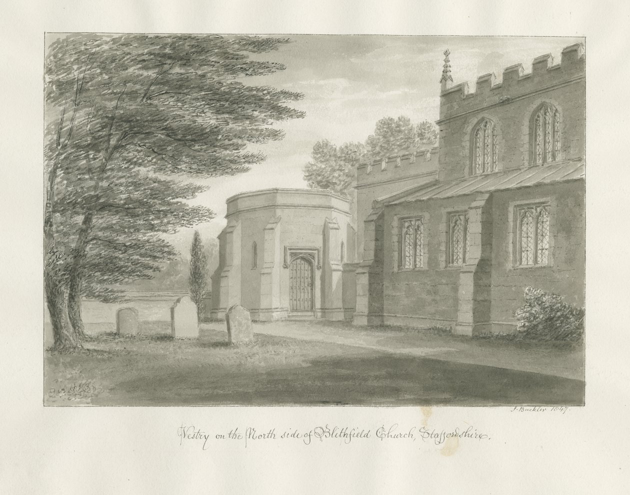 Igreja de Blithfield: desenho em sépia, 1847 de John Buckler