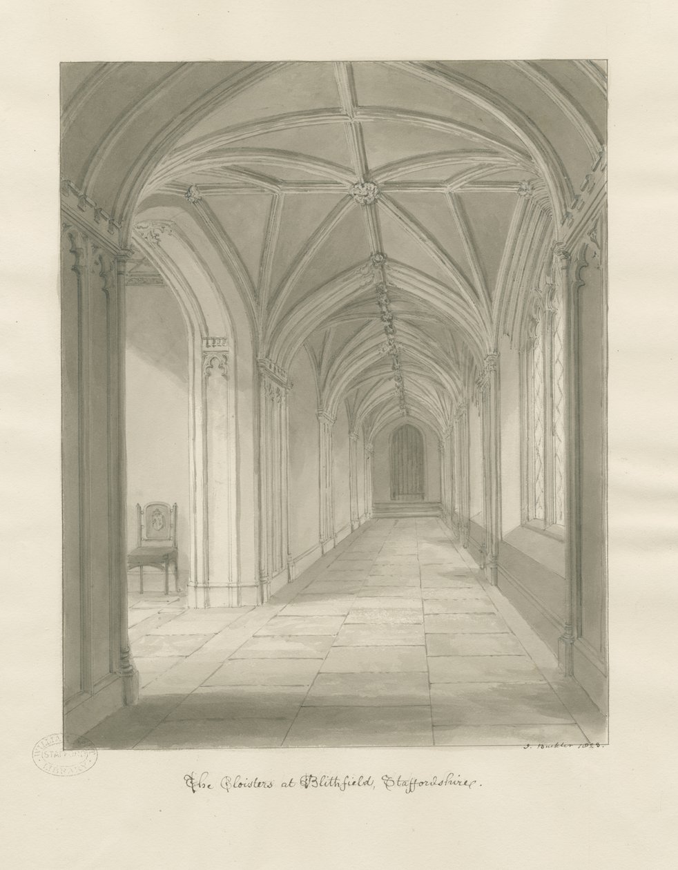 Blithfield Hall - Claustros: desenho em sépia de John Buckler