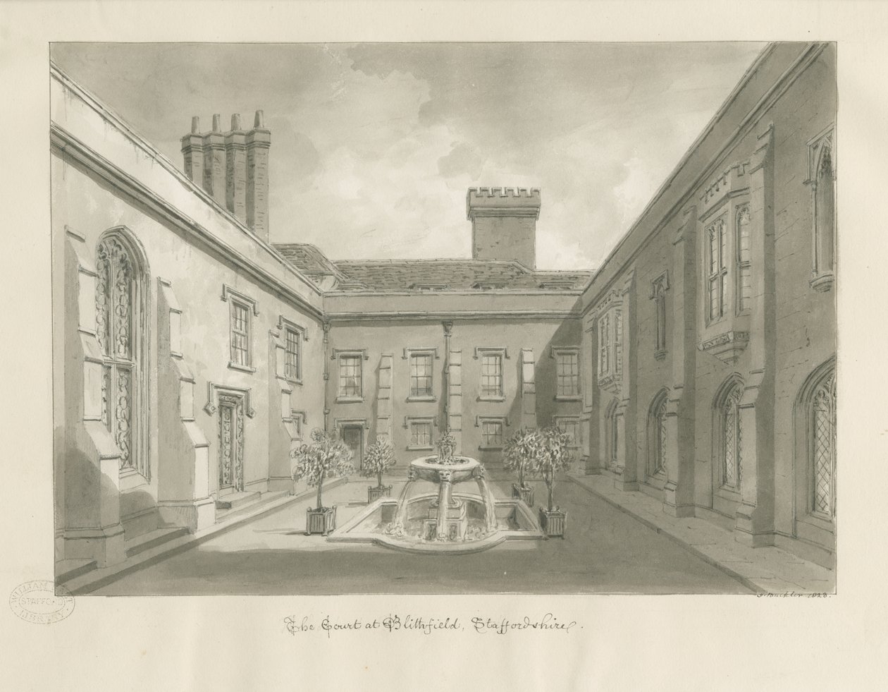 Blithfield Hall - Courtyard: desenho sépia de John Buckler