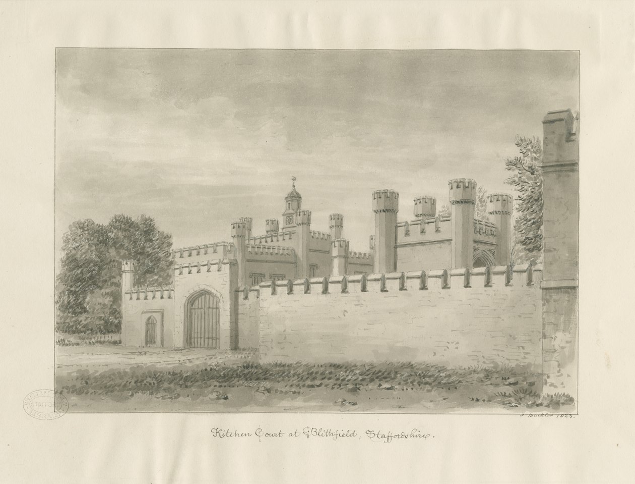 Blithfield Hall - Corte da cozinha: desenho em sépia de John Buckler