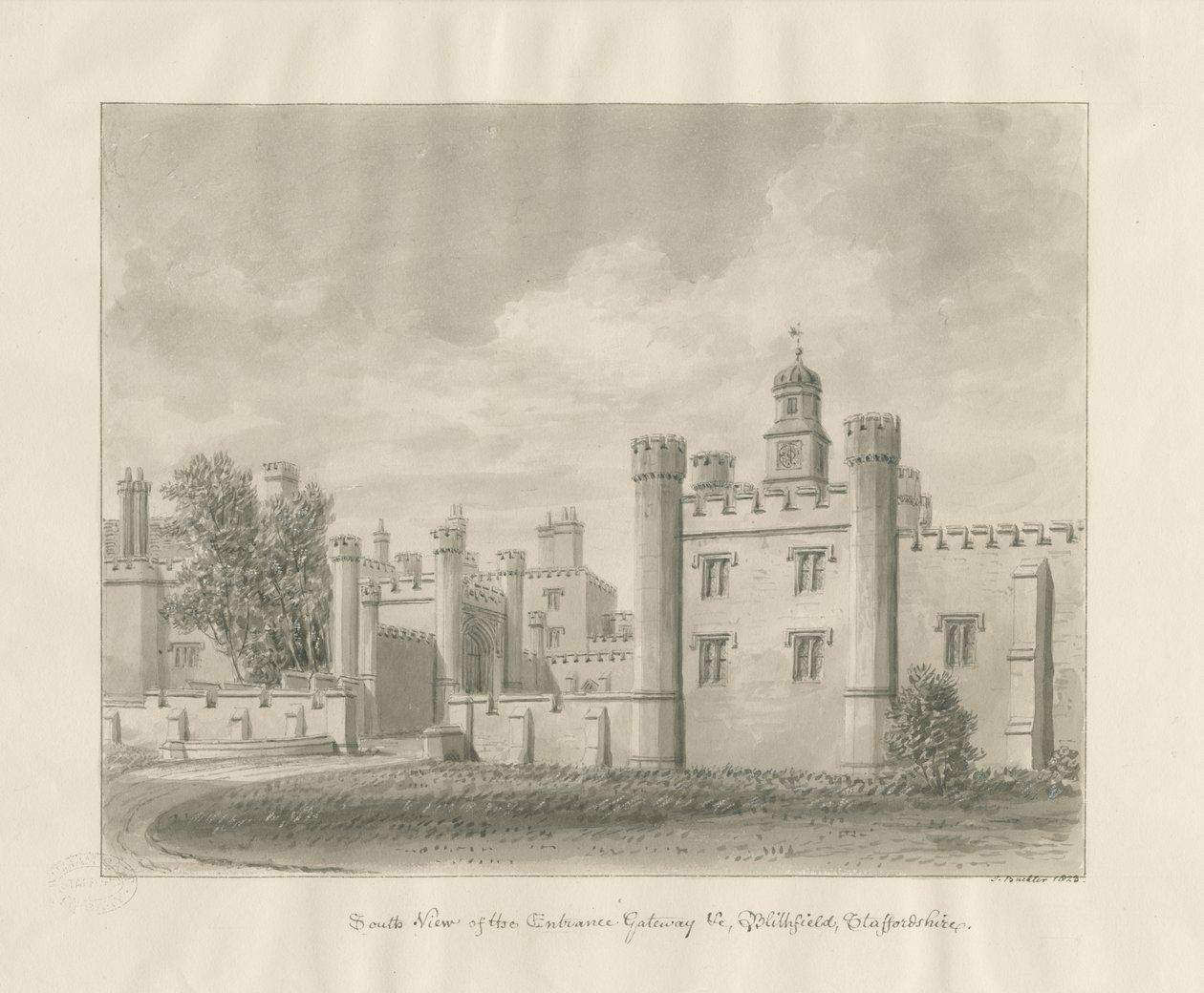 Blithfield Hall: desenho sépia de John Buckler