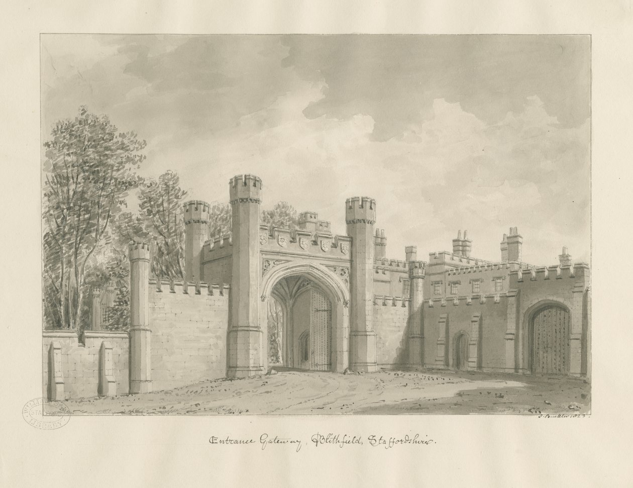 Blithfield Hall: desenho sépia de John Buckler