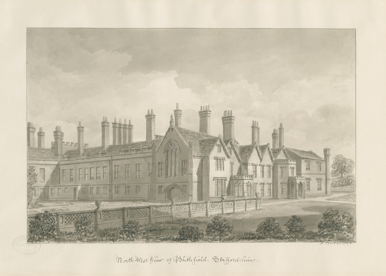 Blithfield Hall: desenho sépia de John Buckler