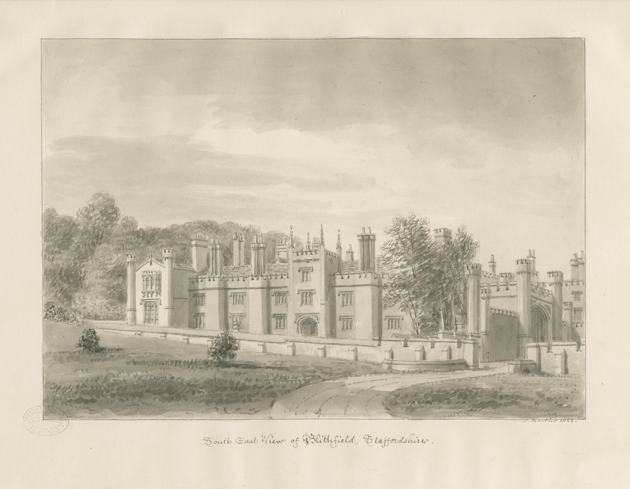 Blithfield Hall: desenho sépia, 1823 de John Buckler