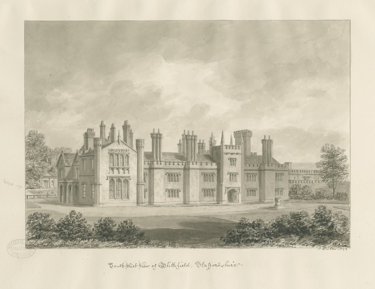 Blithfield Hall: desenho sépia, 1823 de John Buckler