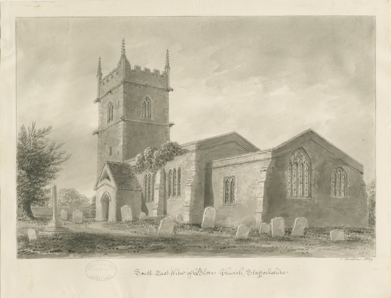 Igreja Blore: desenho sépia, 1839 de John Buckler