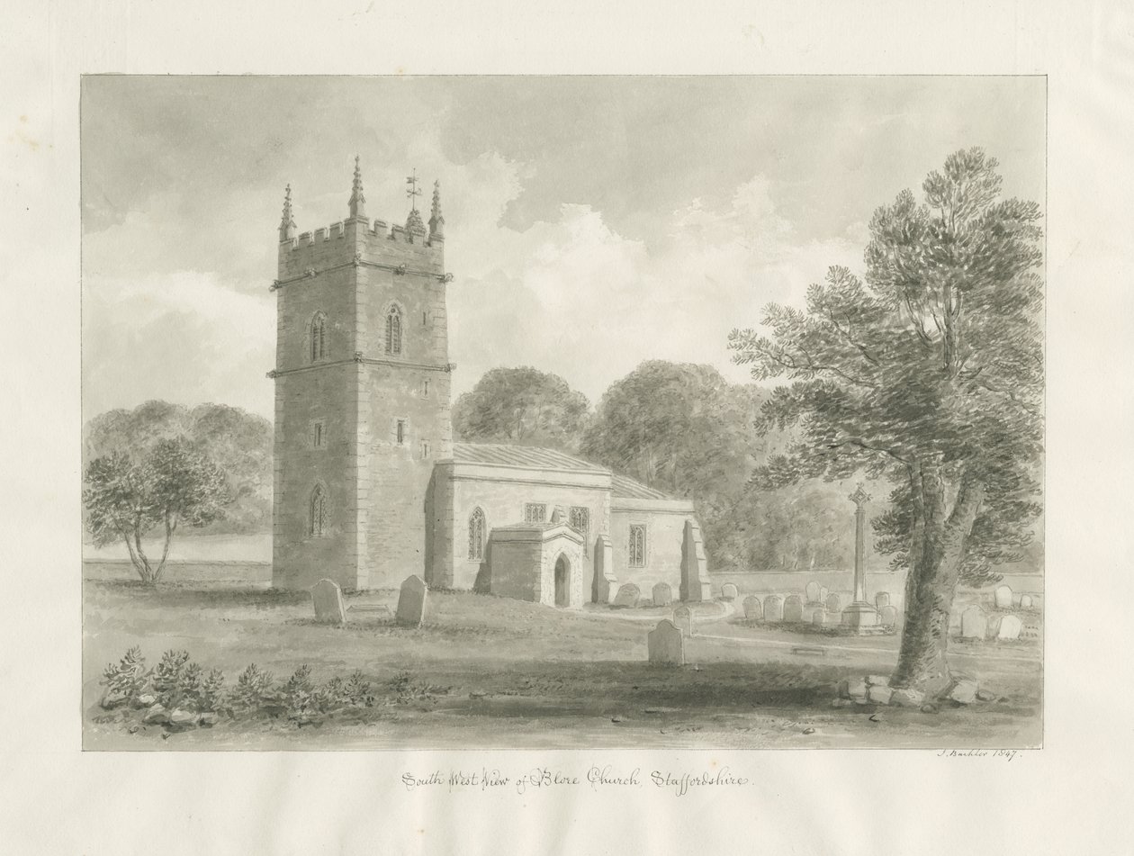 Igreja de Blore: desenho em sépia, 1847 de John Buckler