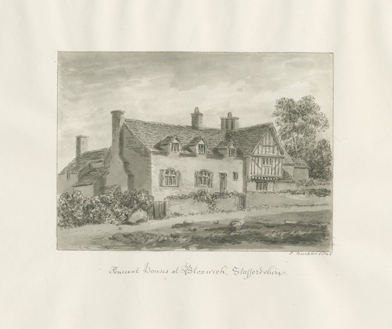 Bloxwich - casa antiga: desenho sépia de John Buckler
