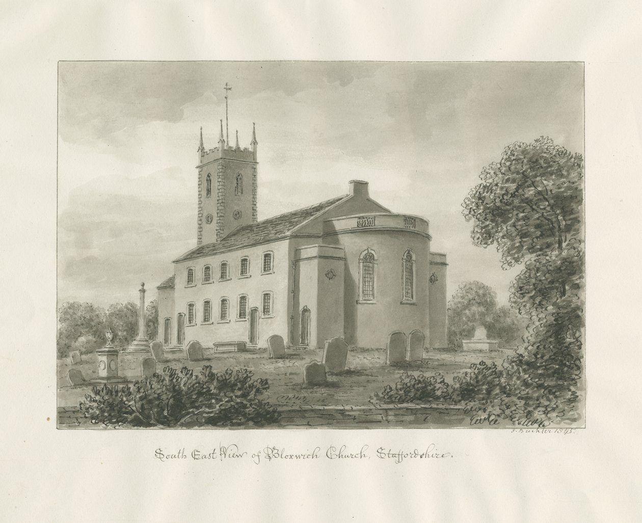 Igreja Bloxwich: desenho sépia de John Buckler