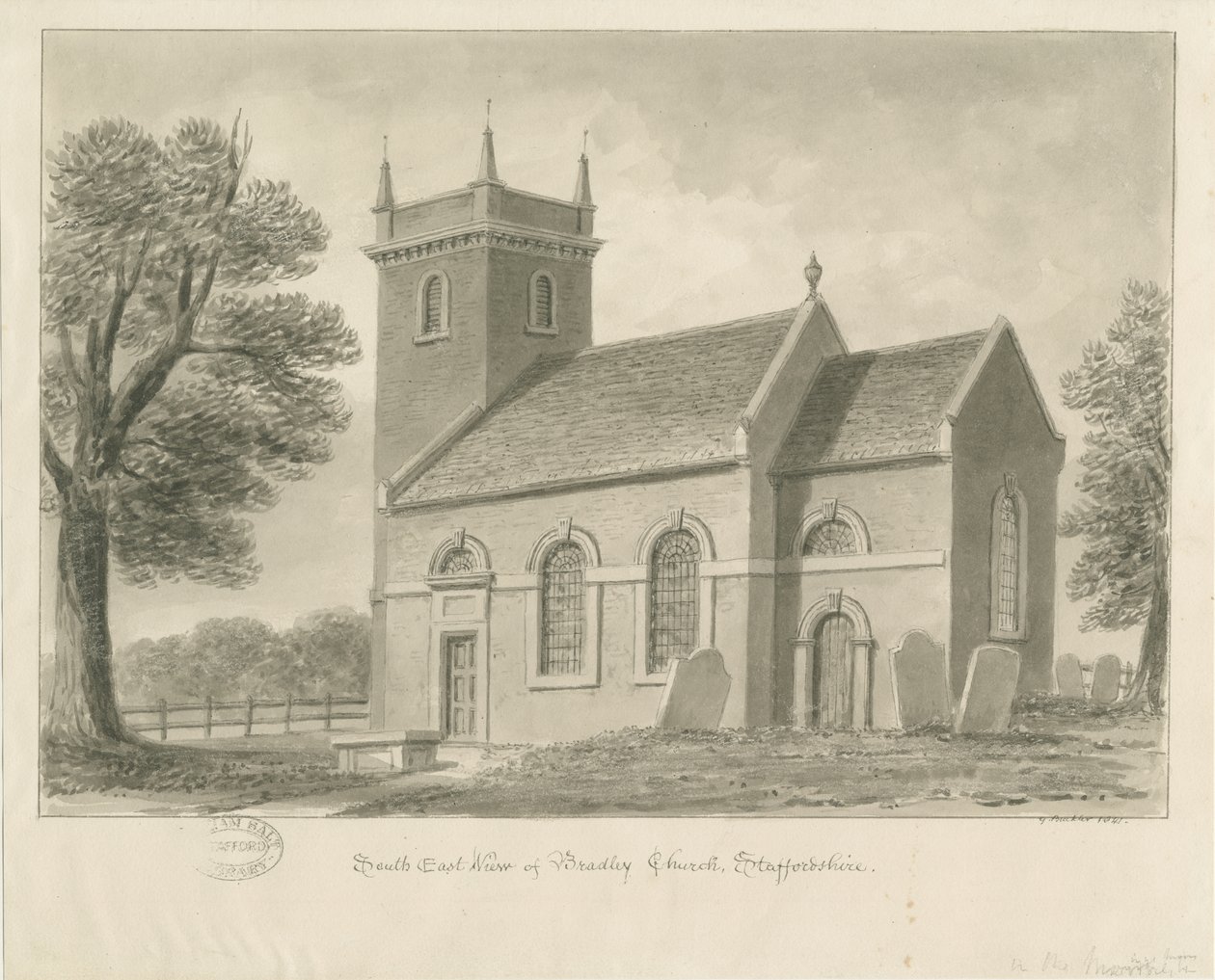 Igreja de Bradley-in-the-Moors: desenho em sépia, 1841 de John Buckler