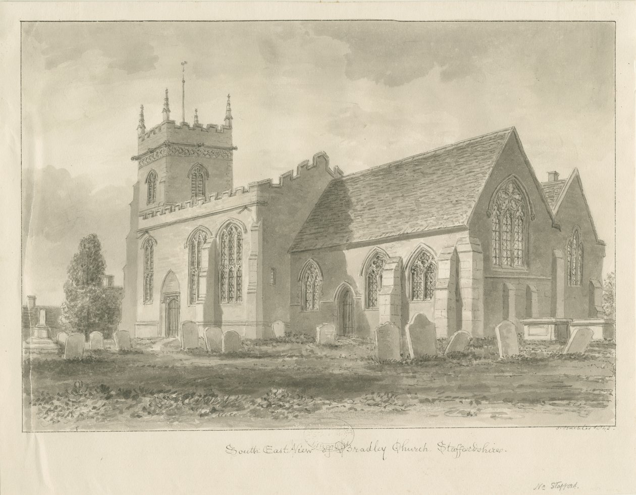 Igreja de Bradley: desenho em sépia, 1842 de John Buckler