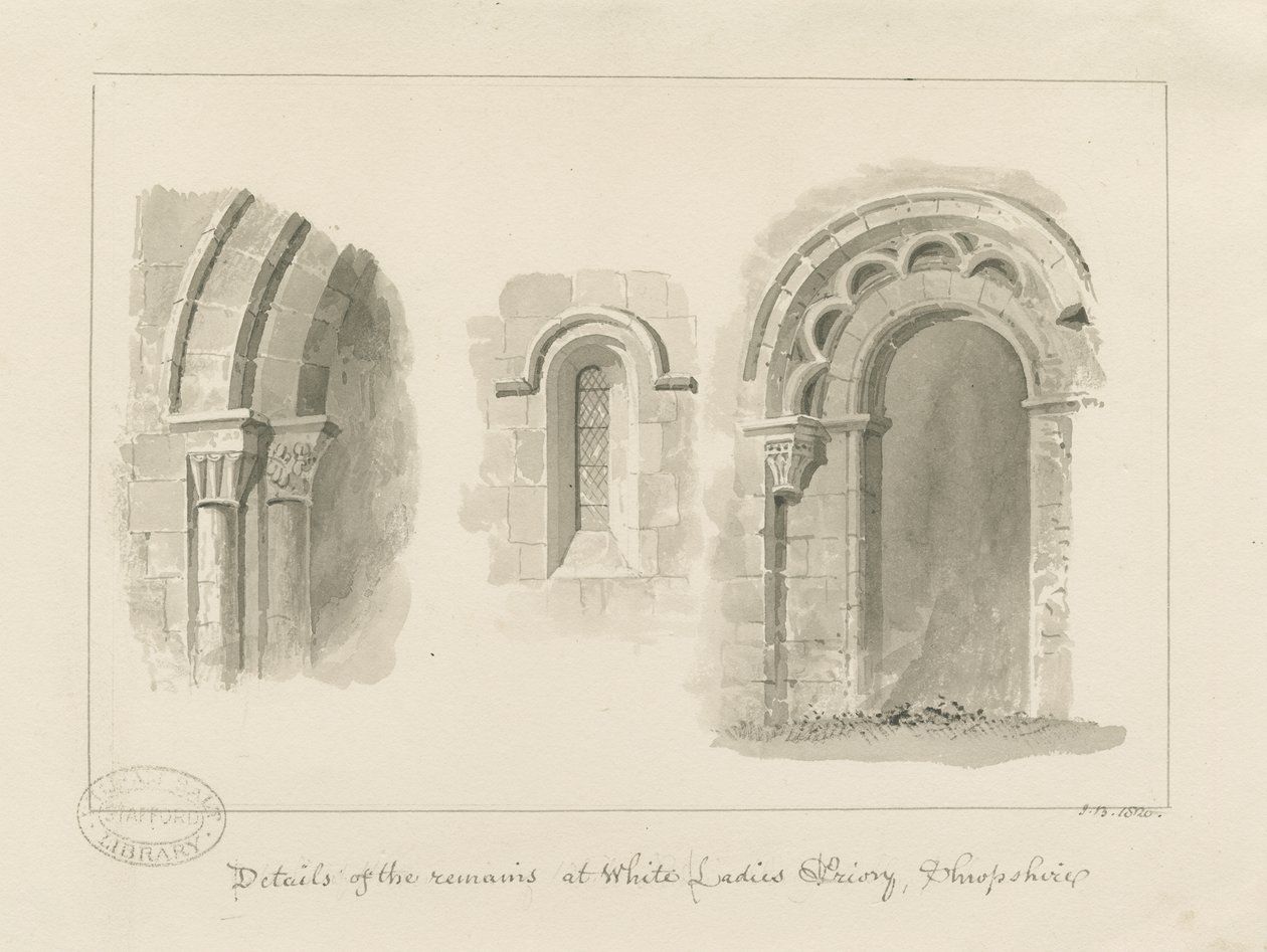 Brewood - Whiteladies Priory (Ruína) : desenho sépia de John Buckler