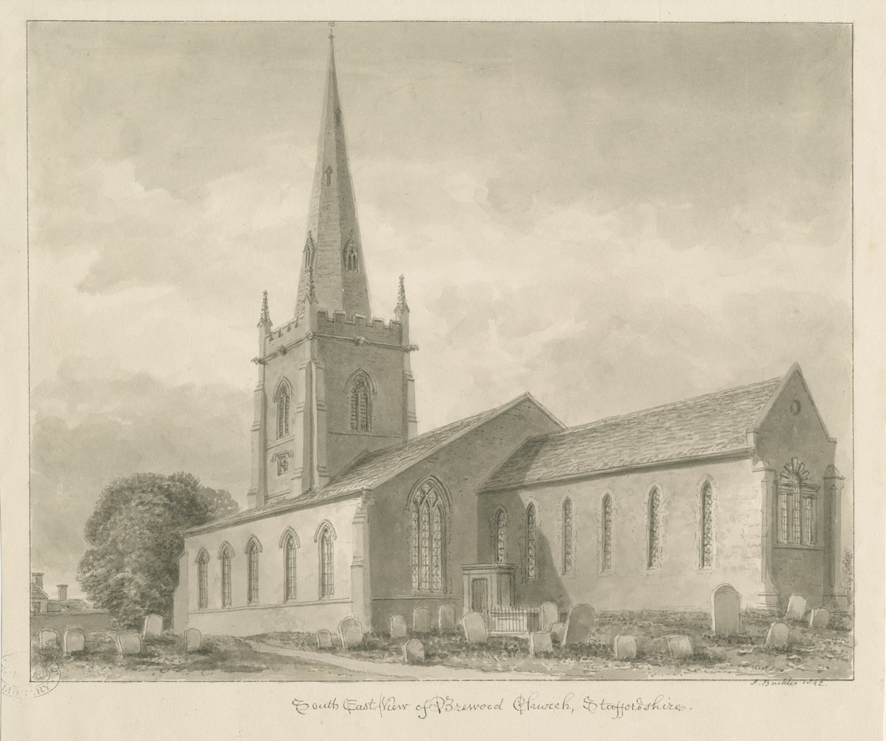 Igreja de Brewood: desenho sépia de John Buckler