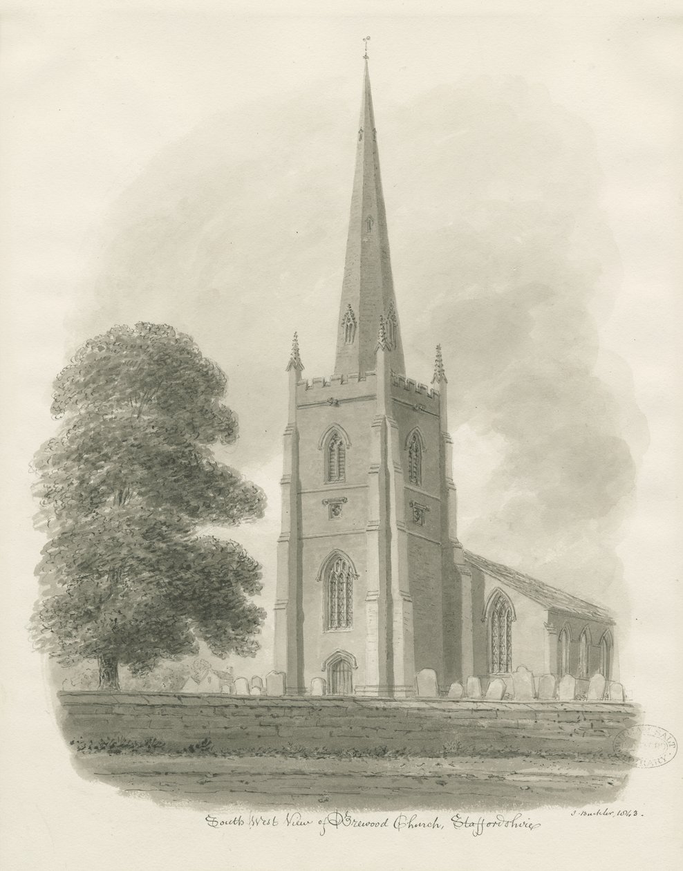 Igreja Brewood: desenho sépia, 1843 de John Buckler