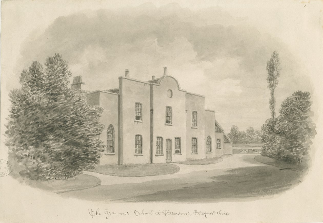 Brewood Grammar School: desenho em sépia, sd [c 1842] (desenho) de John Buckler