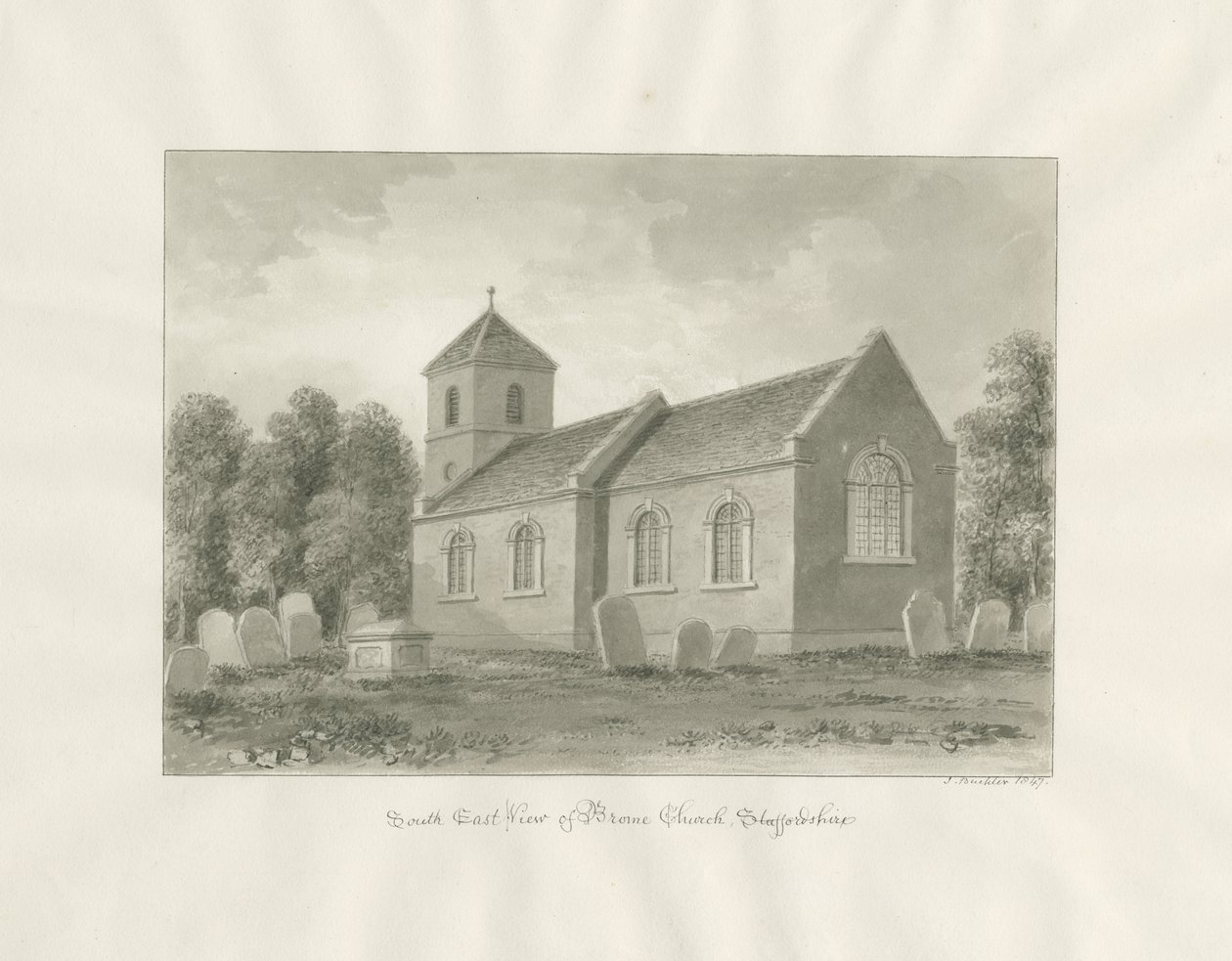 Vassoura (agora Worcestershire) Igreja: desenho sépia de John Buckler