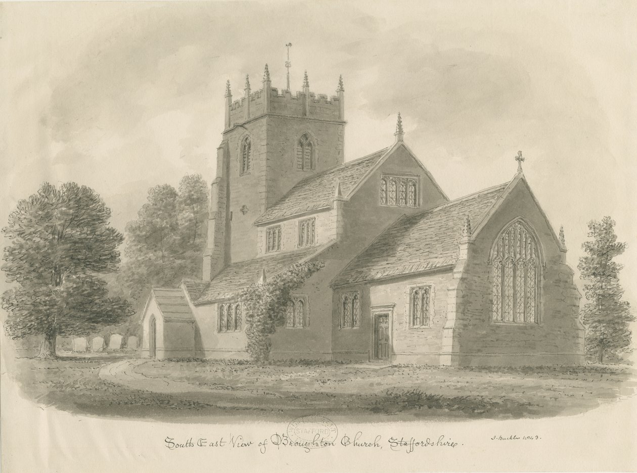 Igreja de Broughton: desenho em sépia, 1843 de John Buckler