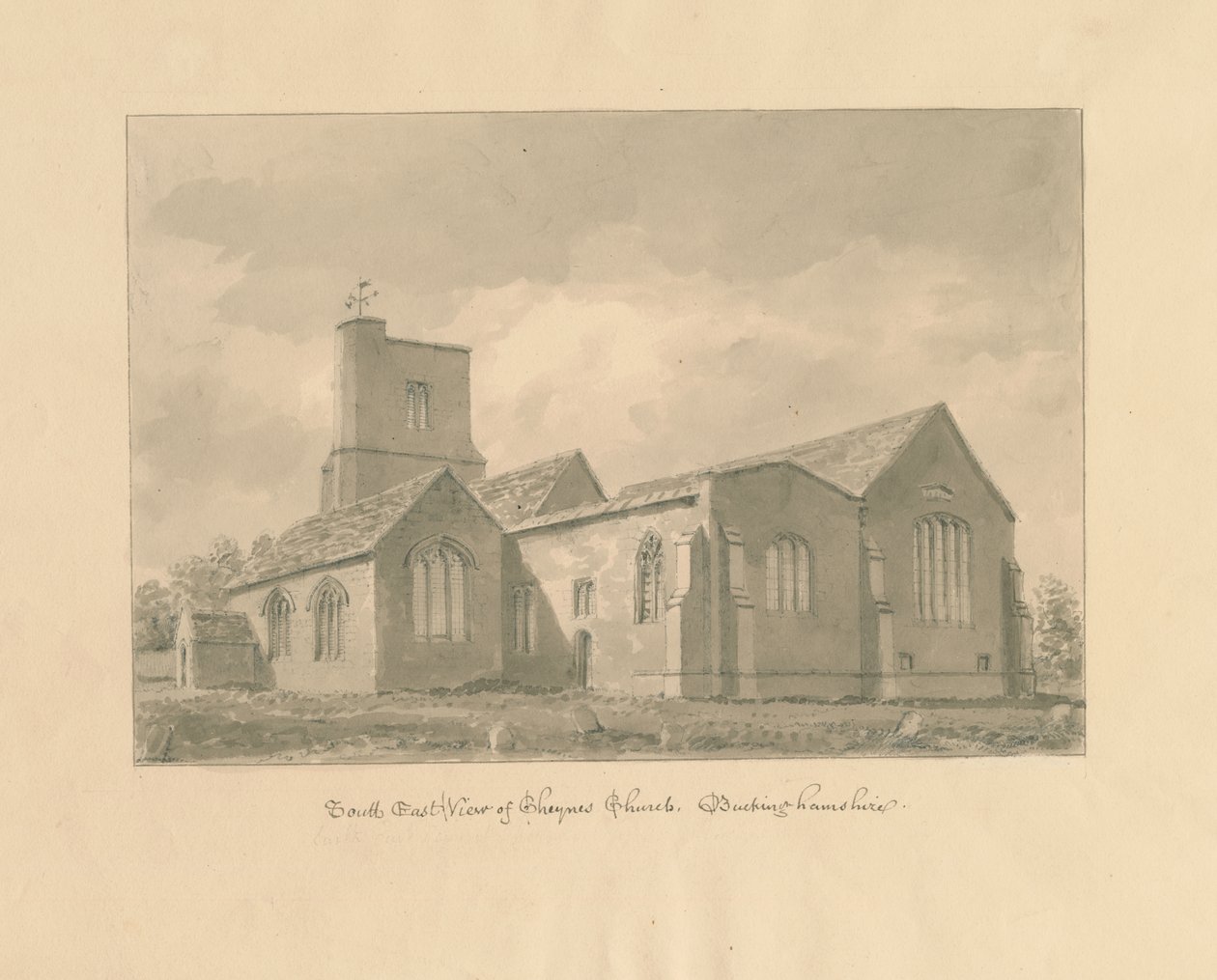 Buckinghamshire - Igreja Chenies: desenho em sépia, 1824 de John Buckler