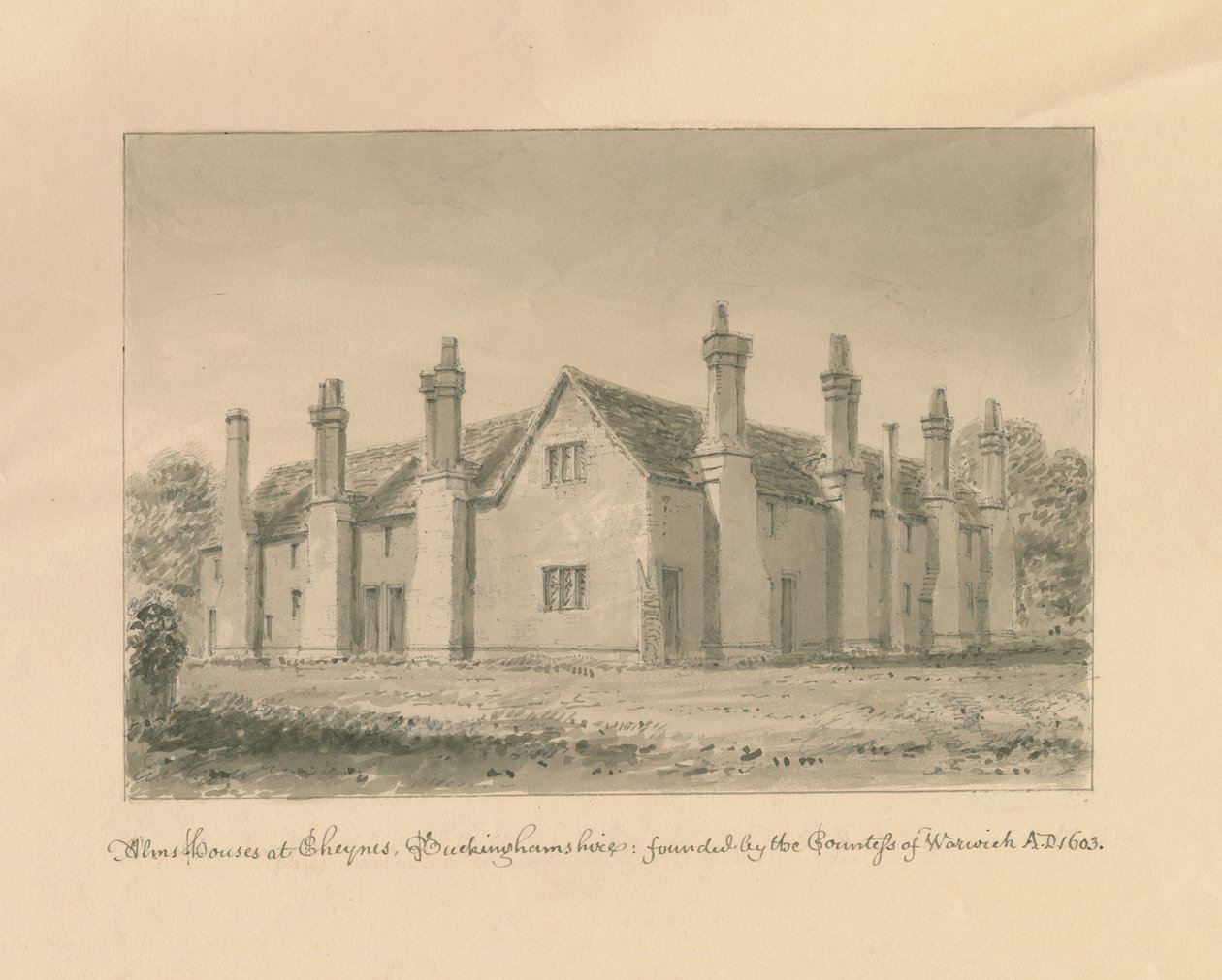 Buckinghamshire - Chenies Hall - Alms Casas: desenho em sépia, 1824 de John Buckler