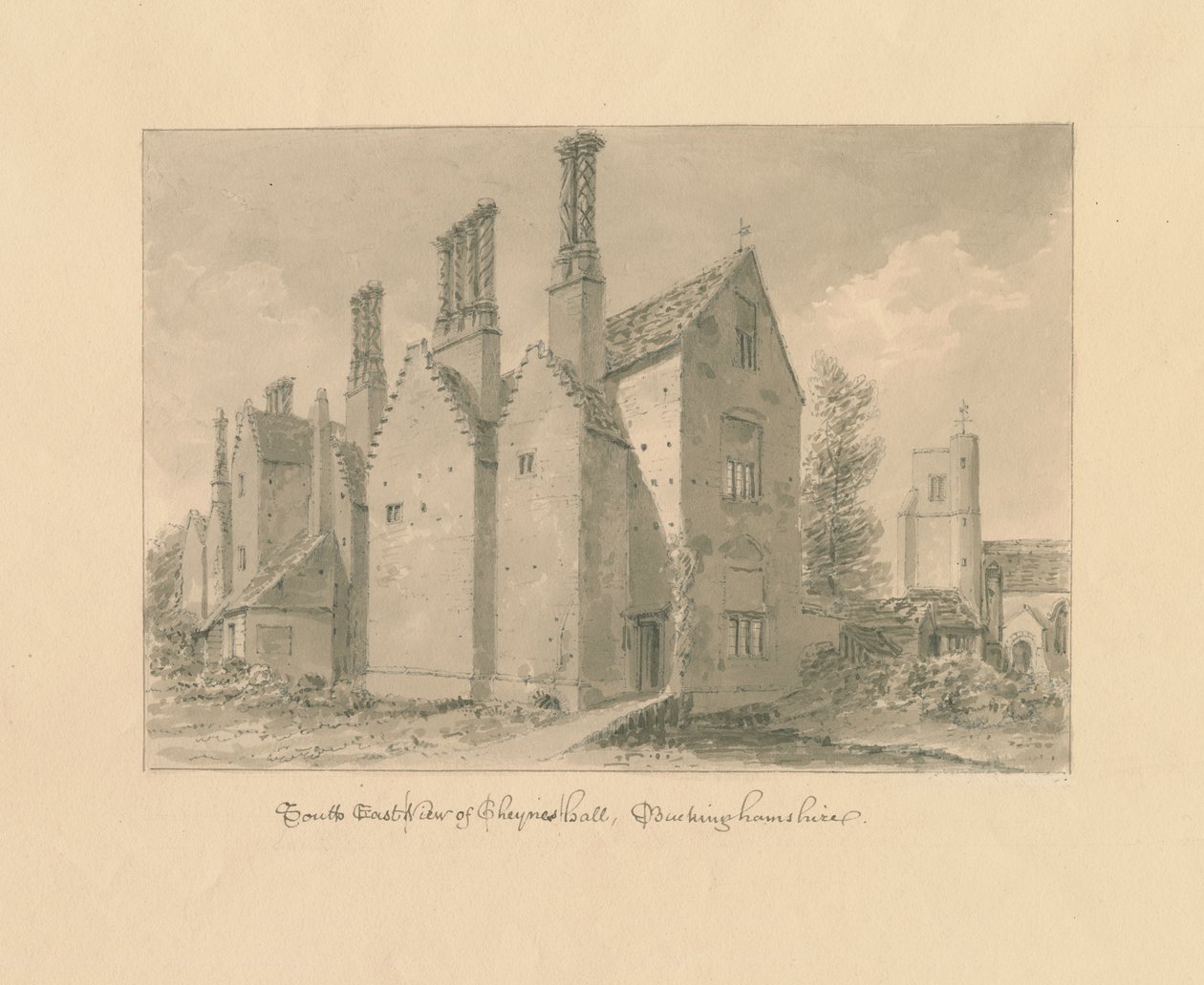Buckinghamshire - Chenies Hall: desenho em sépia de John Buckler