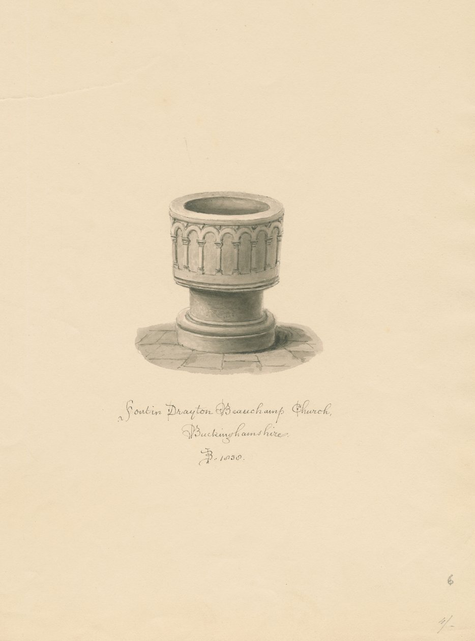Buckinghamshire - Igreja Drayton Beauchamp: desenho em sépia, 1838 de John Buckler