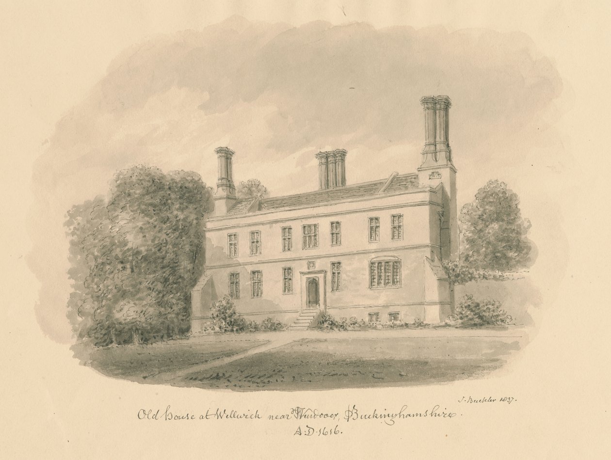 Buckinghamshire - Wellwick - Casa Antiga: desenho em sépia com vinheta, 1837 de John Buckler