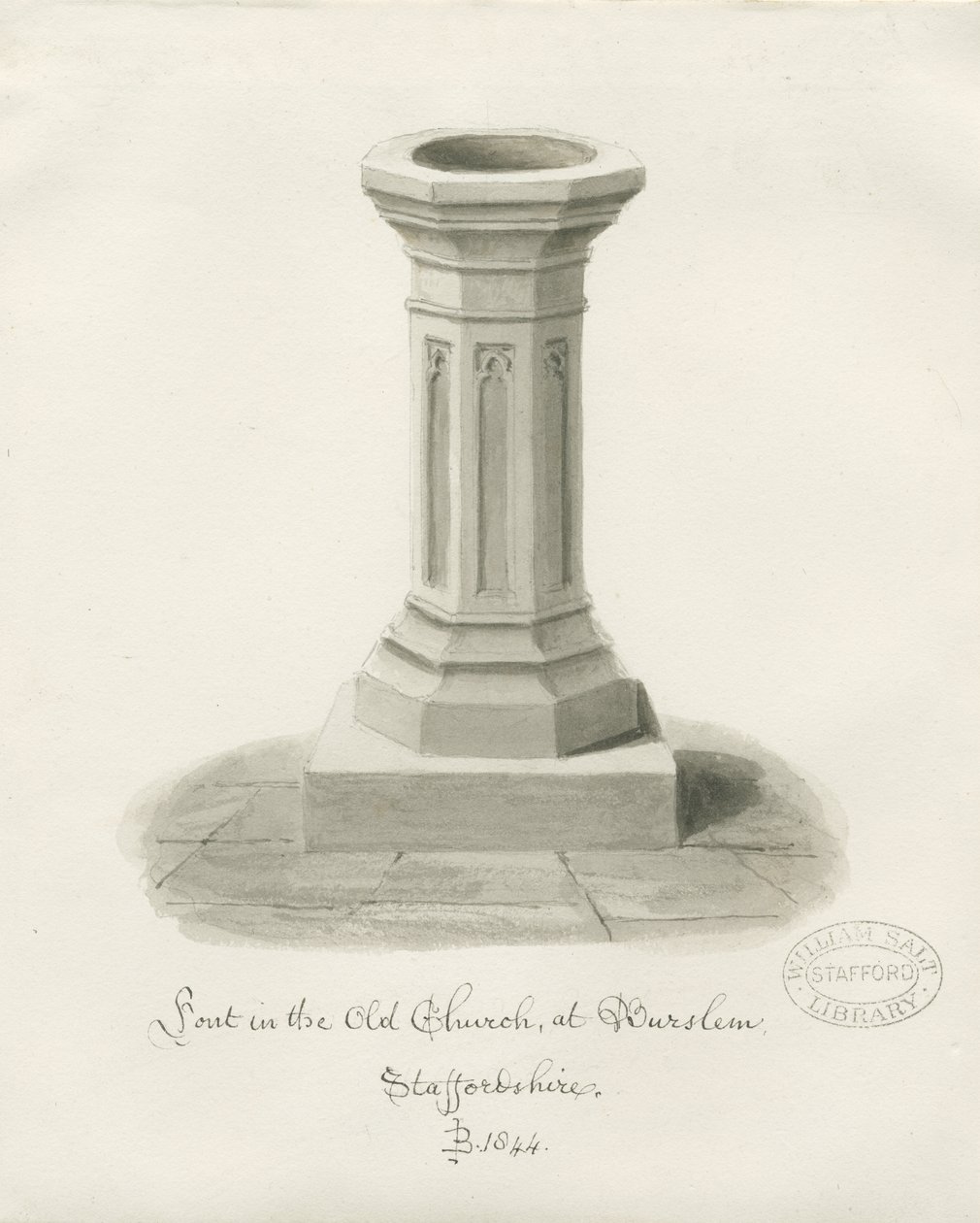 Burslem - Fonte na Igreja de São João: desenho em sépia de John Buckler