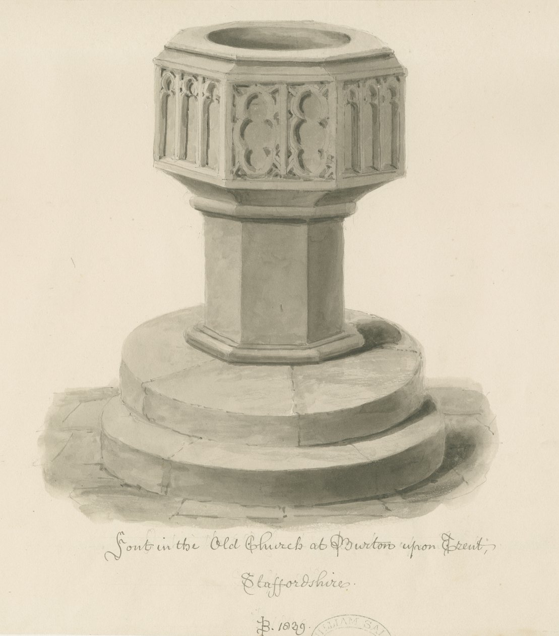 Burton-upon-Trent - Fonte na Igreja Velha: desenho em sépia de John Buckler