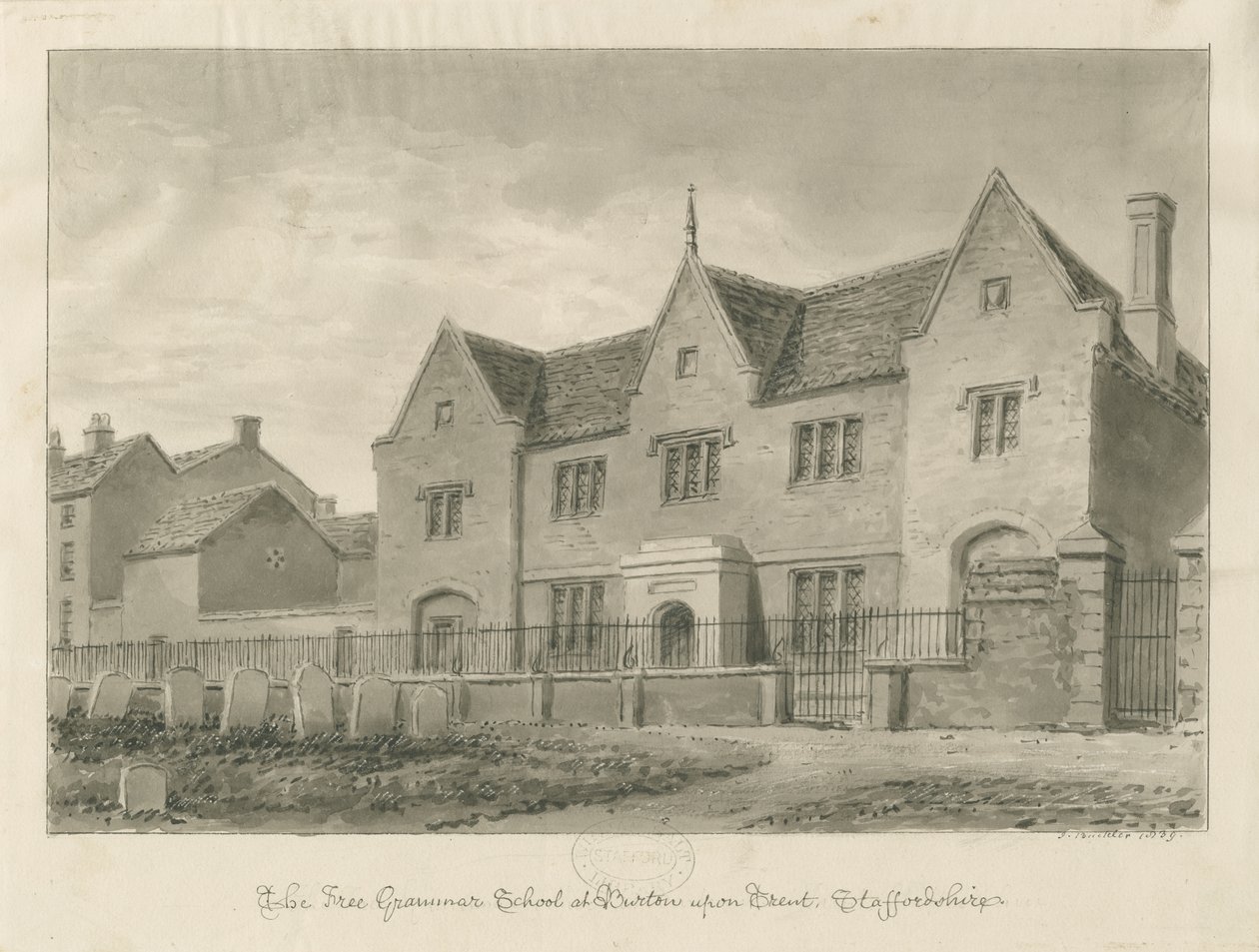 Burton-upon-Trent - Escola de Gramática: desenho sépia de John Buckler