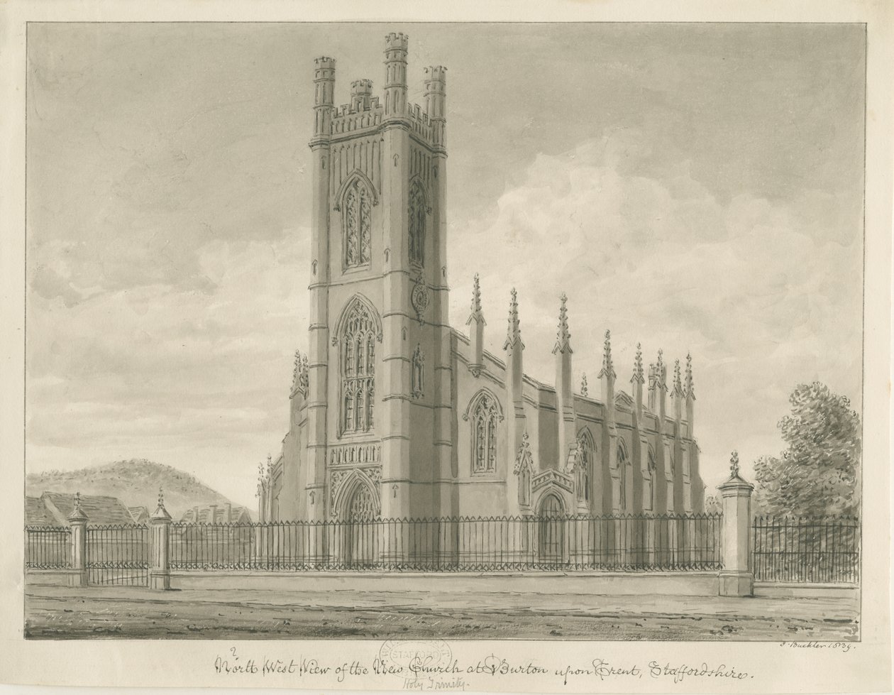 Burton-upon-Trent - Igreja da Santíssima Trindade: desenho em sépia, 1839 de John Buckler