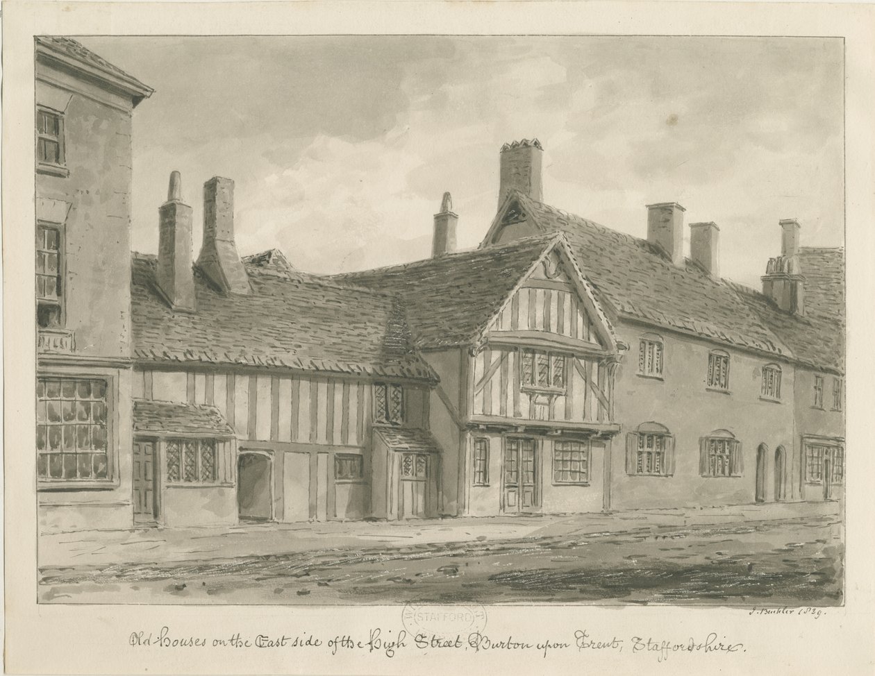 Burton-upon-Trent - Old Houses on High Street: desenho em sépia de John Buckler