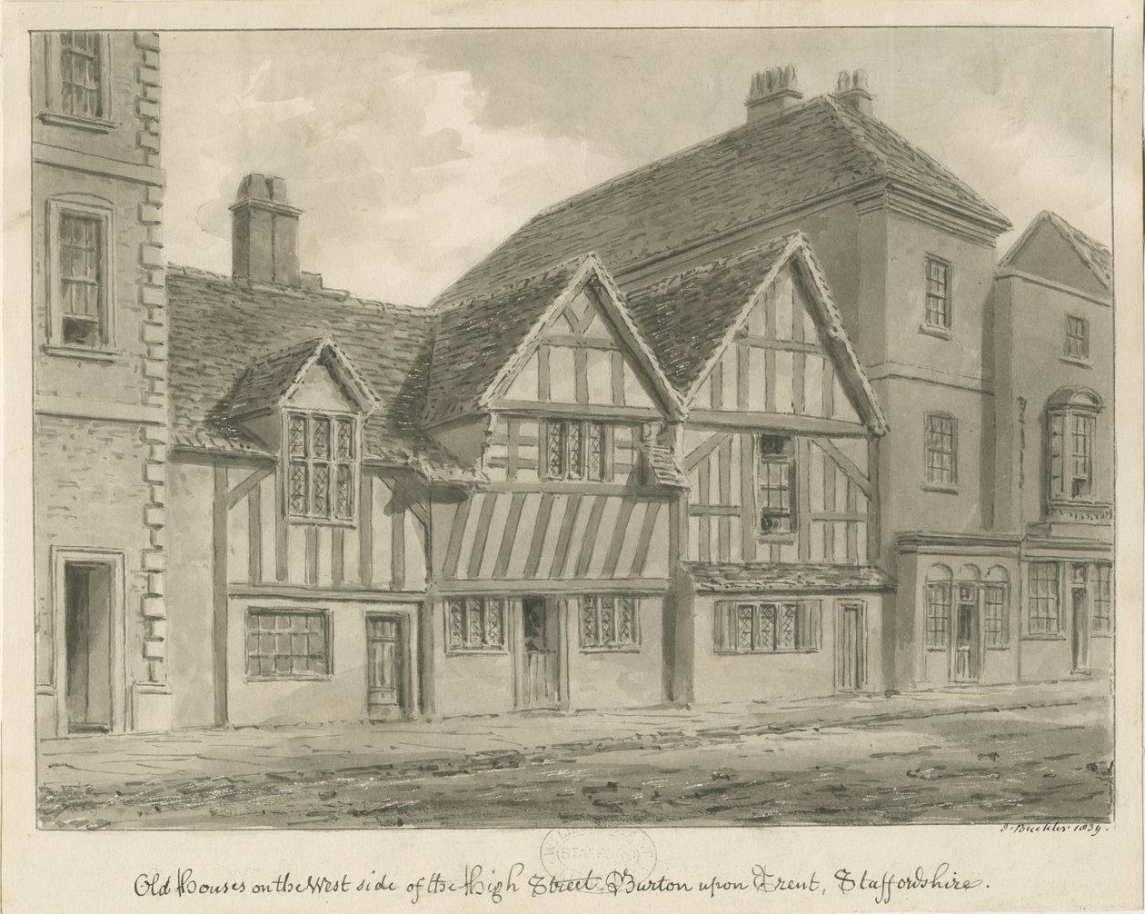 Burton-upon-Trent - Old Houses on High Street: desenho em sépia, 1839 de John Buckler