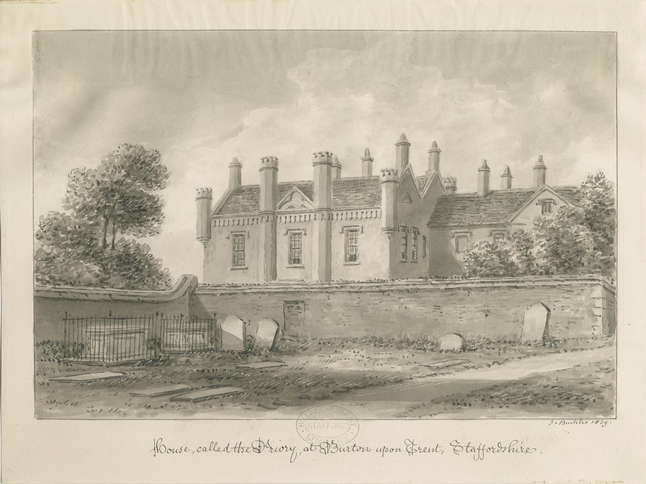 Burton-upon-Trent - Casa do Priorado: desenho sépia de John Buckler