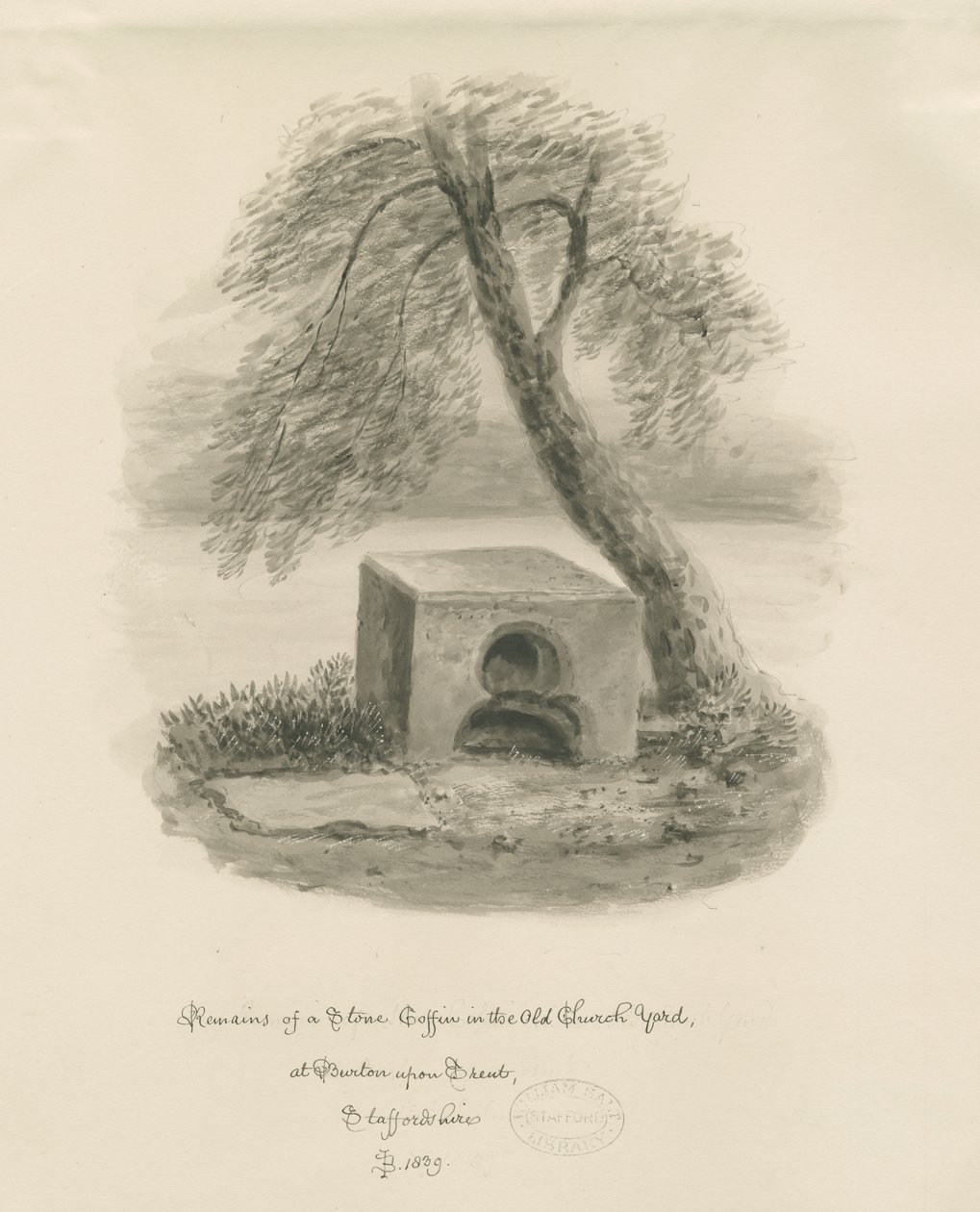 Burton-upon-Trent - Caixão de pedra no antigo adro da igreja: desenho sépia de John Buckler