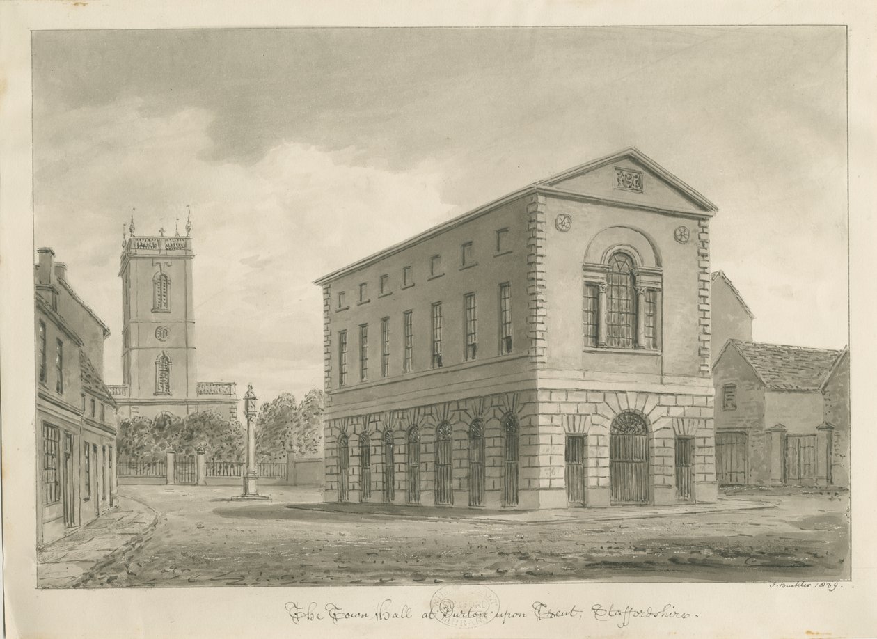 Burton-upon-Trent - Câmara Municipal: desenho sépia de John Buckler