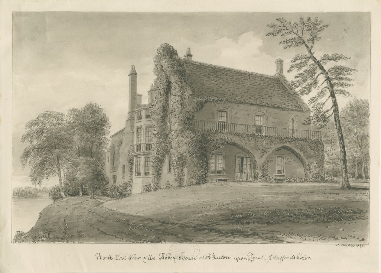 Burton-upon-Trent Abbey: desenho em sépia de John Buckler