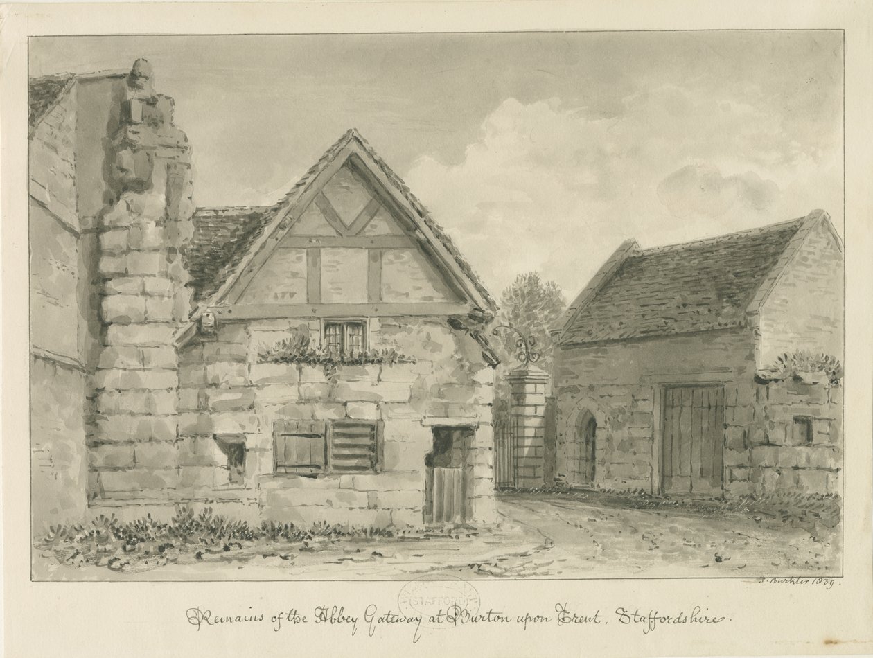Burton-upon-Trent Abbey: desenho em sépia de John Buckler