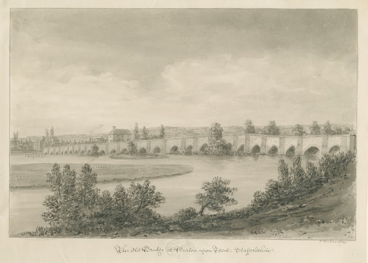 Ponte e cidade de Burton-upon-Trent: desenho em sépia de John Buckler