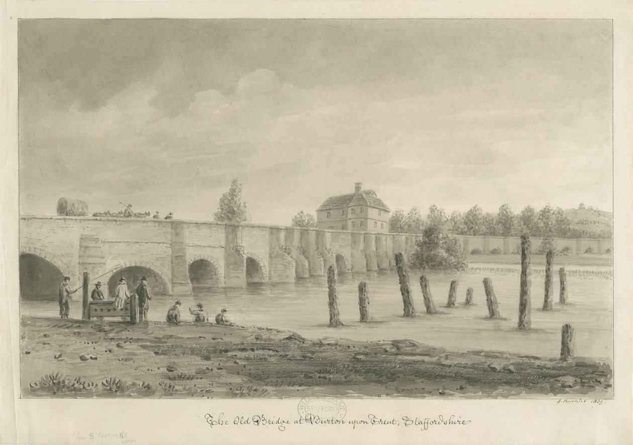 Ponte e cidade de Burton-upon-Trent: desenho em sépia, 1839 de John Buckler
