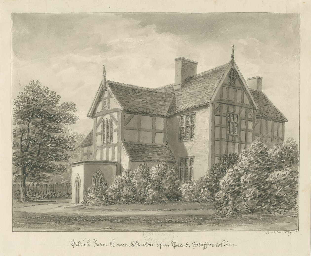 Burton-upon-Trent: Ordish Farm House: desenho sépia, 1839 de John Buckler