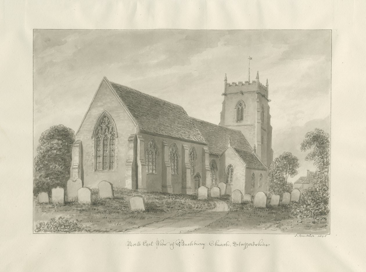 Igreja Bushbury: desenho em sépia de John Buckler