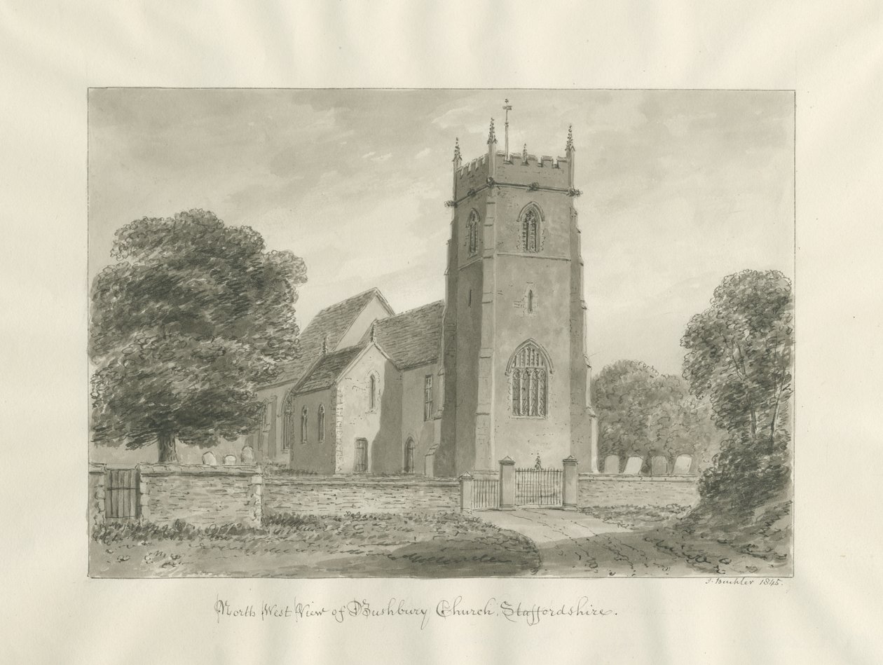 Igreja Bushbury: desenho em sépia de John Buckler