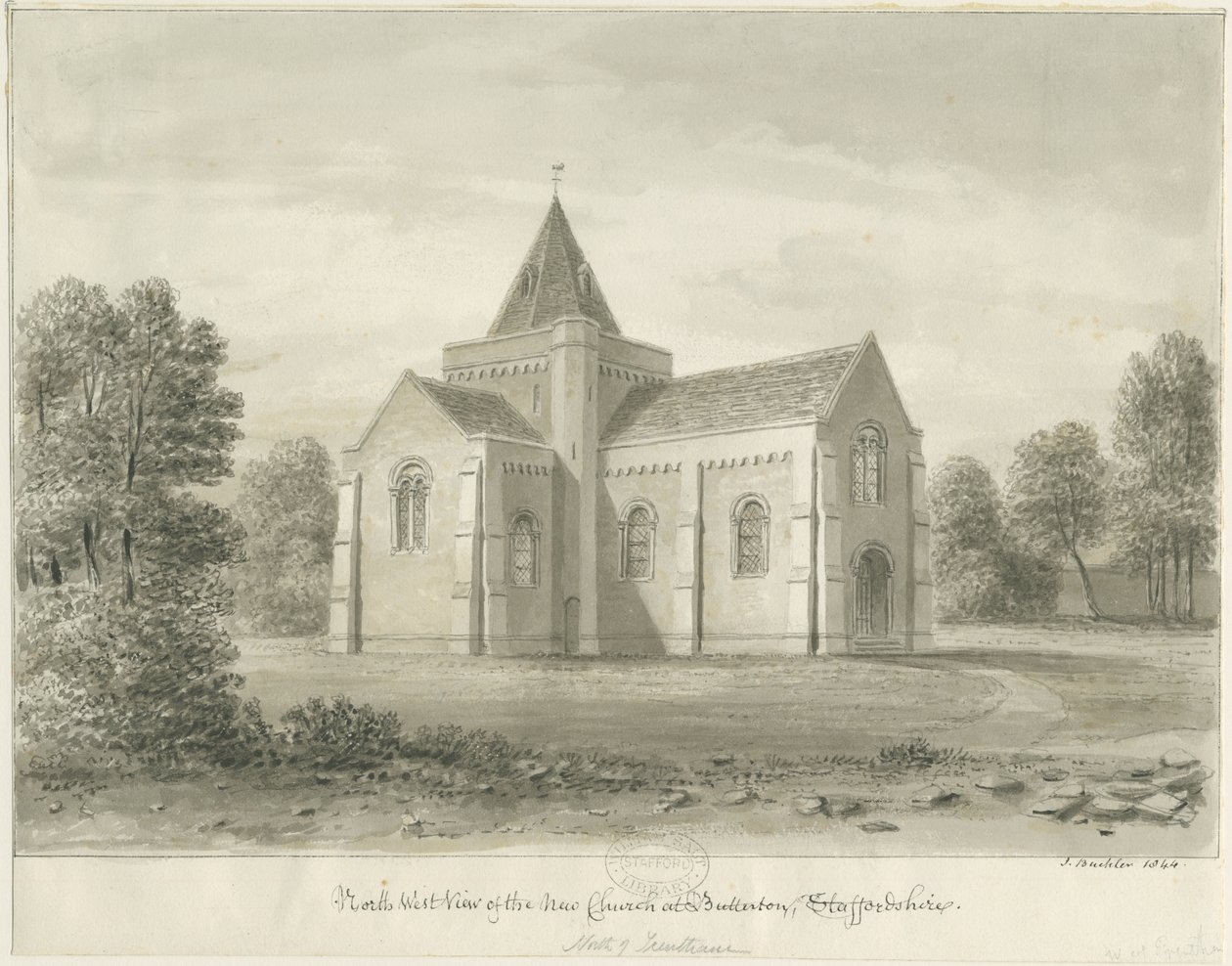 Igreja de Butterton - St. Thomas ": desenho em sépia, 1844 de John Buckler