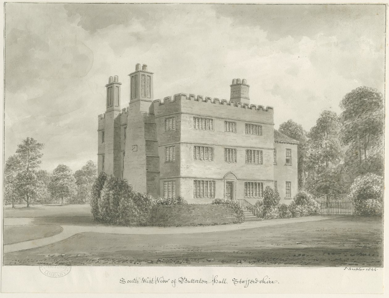 Butterton Hall: desenho em sépia, 1844 de John Buckler