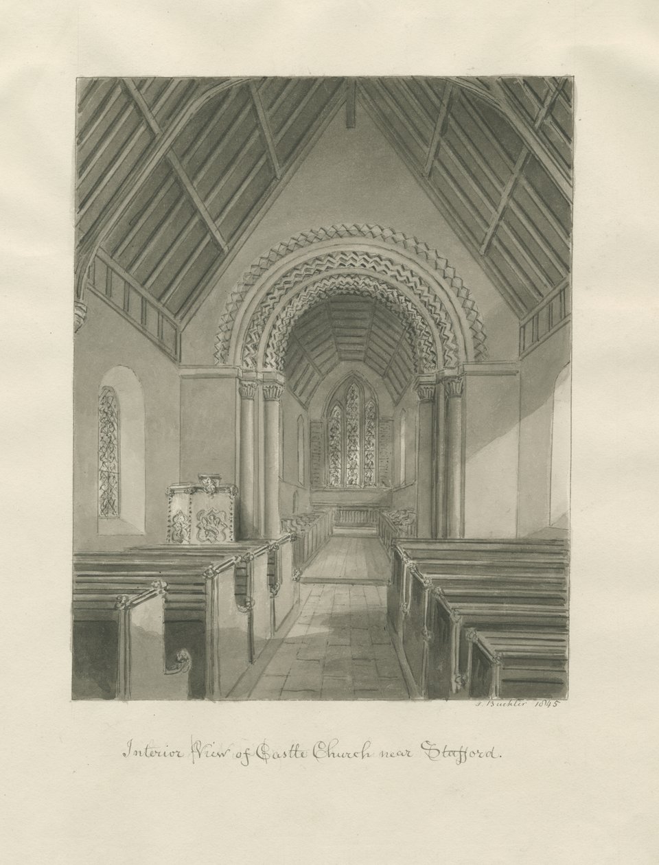 Igreja do Castelo - Interior da Igreja: desenho sépia de John Buckler